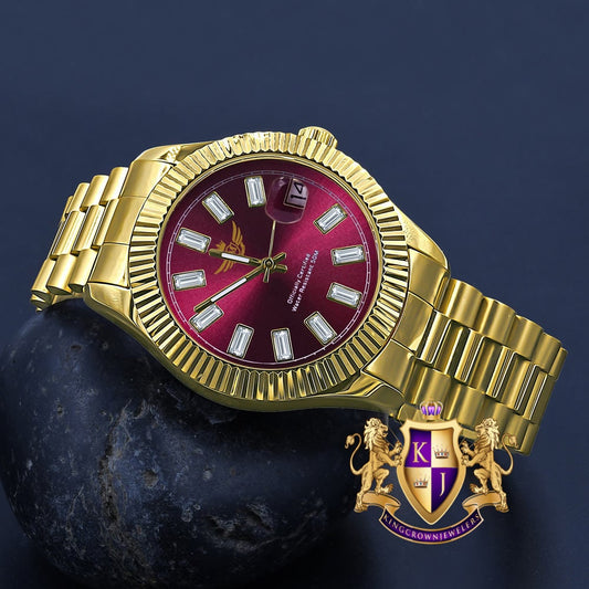 Red Dial Men's Solid Stainless Steel 18K Gold Finish Simulated Diamond Automatic Watch 44mm W/Date Function