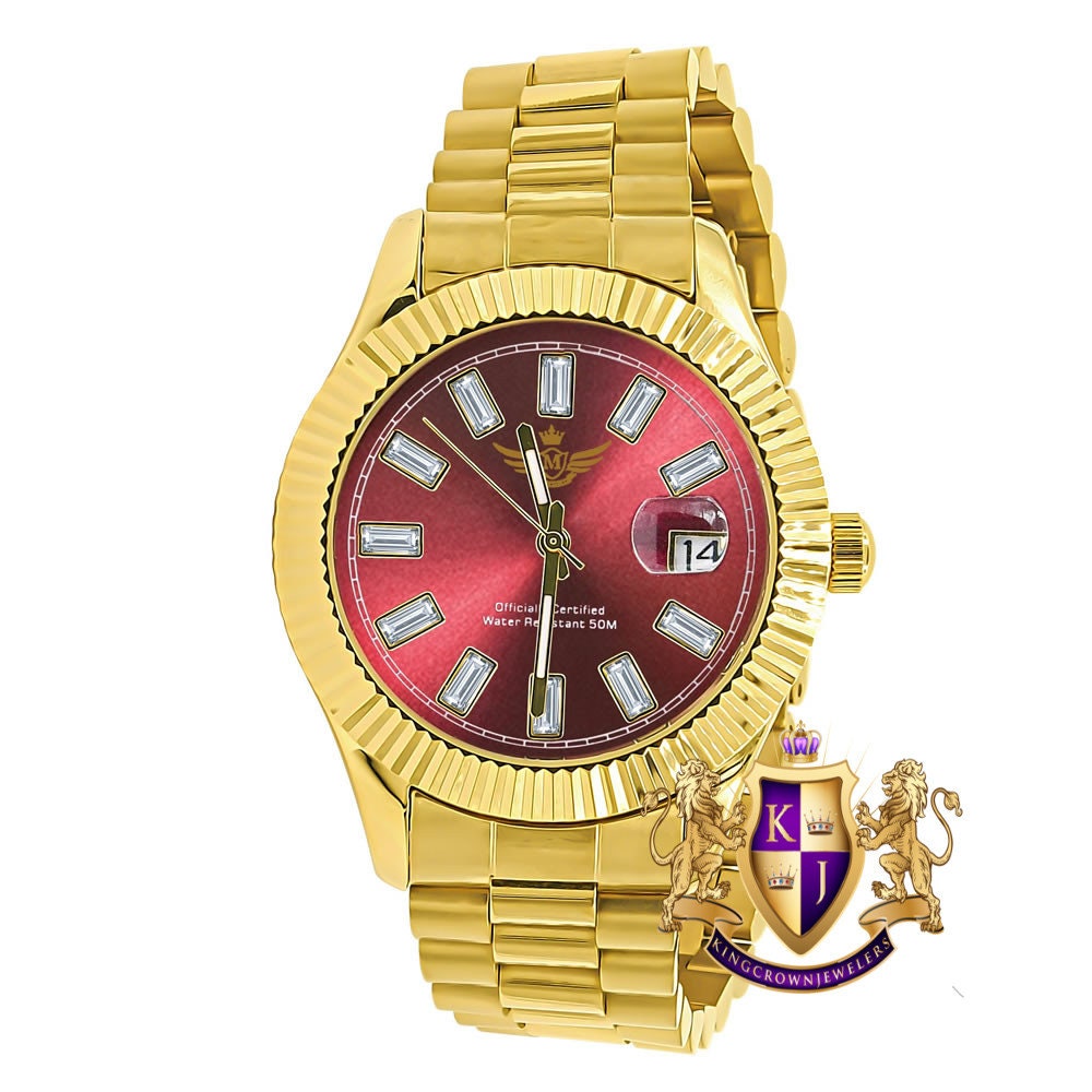 Red Dial Men's Solid Stainless Steel 18K Gold Finish Simulated Diamond Automatic Watch 44mm W/Date Function