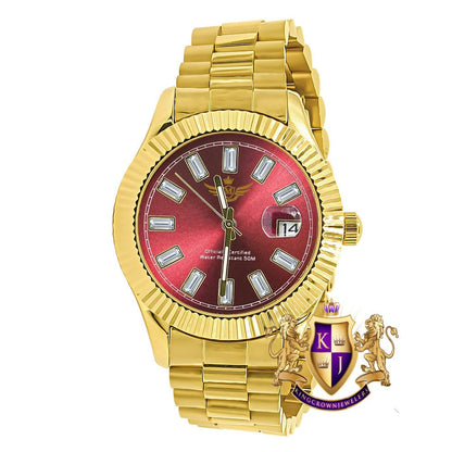 Red Dial Men's Solid Stainless Steel 18K Gold Finish Simulated Diamond Automatic Watch 44mm W/Date Function