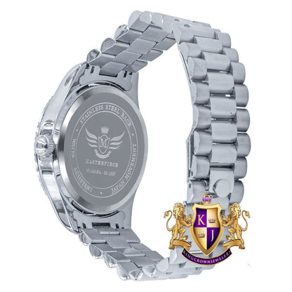 Men's Solid Stainless Steel 18K White Gold Finish Simulated Diamond Automatic Watch 44mm W/Date Function