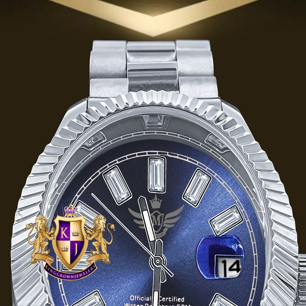 Blue Face Men's Solid Stainless Steel 18K White Gold Finish Simulated Diamond Automatic Watch 44mm W/Date Function