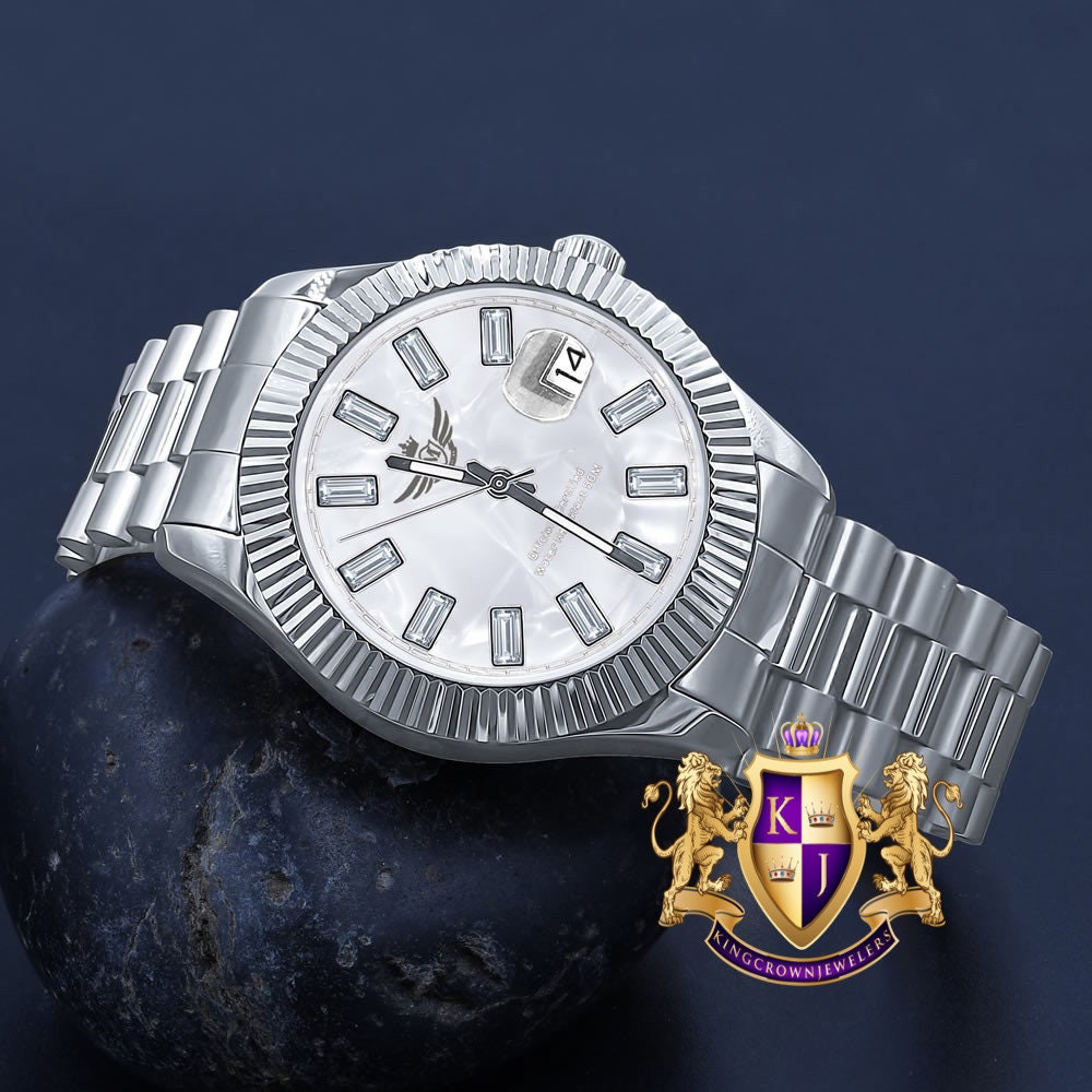 Men's Solid Stainless Steel 18K White Gold Finish Simulated Diamond Automatic Watch 44mm W/Date Function