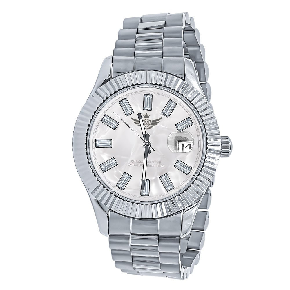 Men's Solid Stainless Steel 18K White Gold Finish Simulated Diamond Automatic Watch 44mm W/Date Function