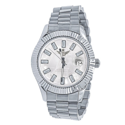 Men's Solid Stainless Steel 18K White Gold Finish Simulated Diamond Automatic Watch 44mm W/Date Function