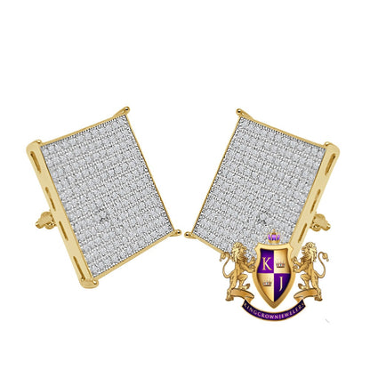 Real Genuine Sterling Silver Gold Tone Simulated Diamond Square Earrings XL Face 16mm Unisex