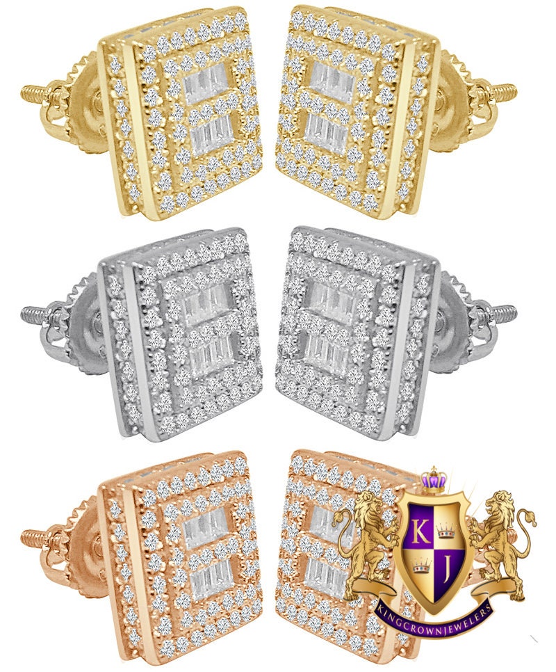 Sterling Silver Square Icy Baguette Prong Set Screw Back Earrings Stud 10mm Unisex