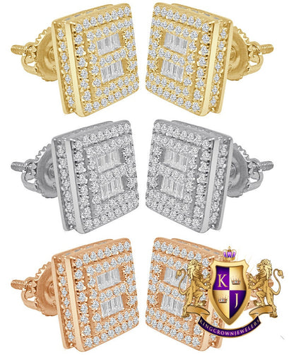 Sterling Silver Square Icy Baguette Prong Set Screw Back Earrings Stud 10mm Unisex