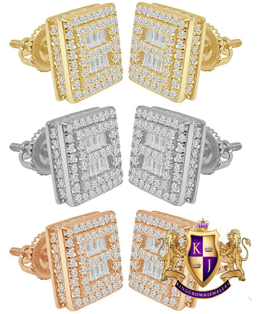 Sterling Silver Square Icy Baguette Prong Set Screw Back Earrings Stud 10mm Unisex