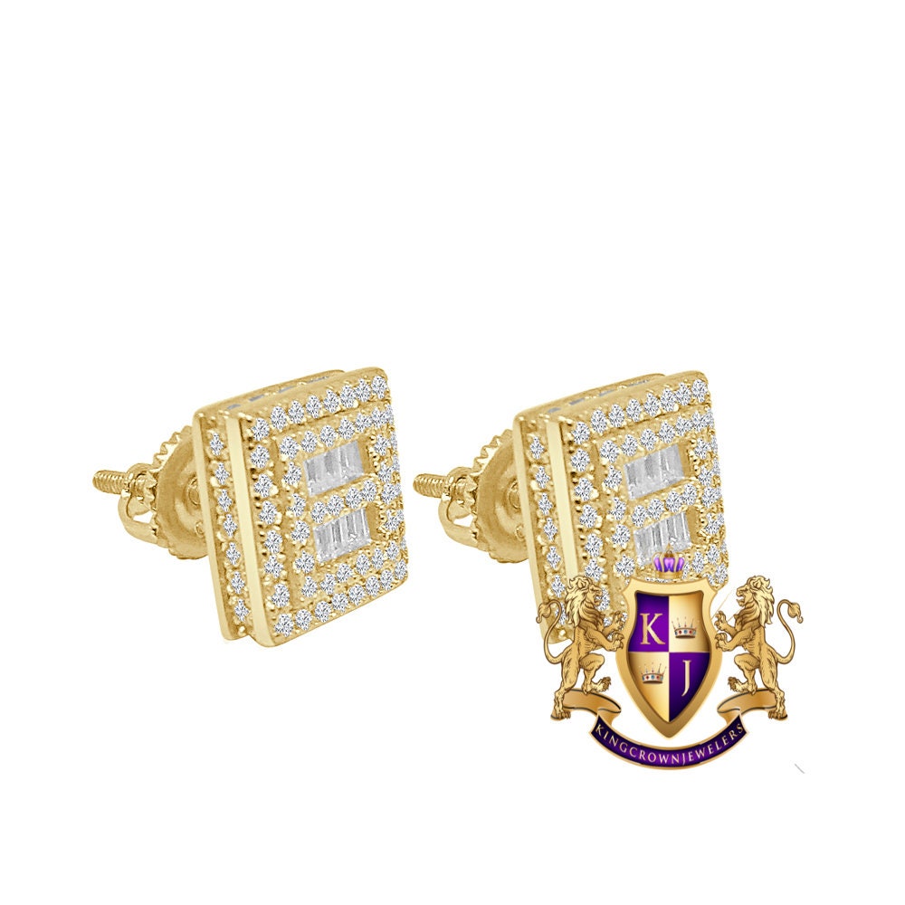 Sterling Silver Square Icy Baguette Prong Set Screw Back Earrings Stud 10mm Unisex