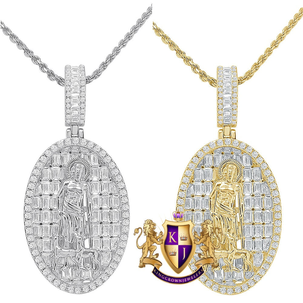 Baguette 14k Gold Over Pure Sterling Silver  Simulated Diamond Saint Lazarus Religious Pendent Charm Chain Set