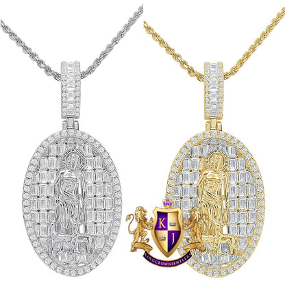 Baguette 14k Gold Over Pure Sterling Silver  Simulated Diamond Saint Lazarus Religious Pendent Charm Chain Set