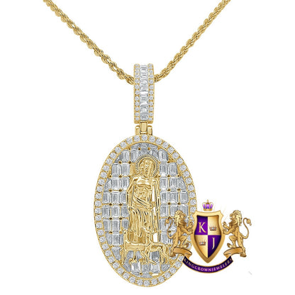 Baguette 14k Gold Over Pure Sterling Silver  Simulated Diamond Saint Lazarus Religious Pendent Charm Chain Set