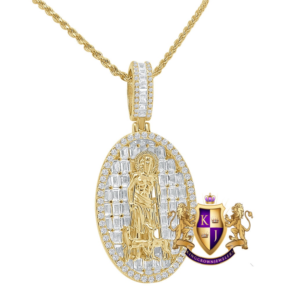 Baguette 14k Gold Over Pure Sterling Silver  Simulated Diamond Saint Lazarus Religious Pendent Charm Chain Set