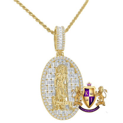 Baguette 14k Gold Over Pure Sterling Silver  Simulated Diamond Saint Lazarus Religious Pendent Charm Chain Set