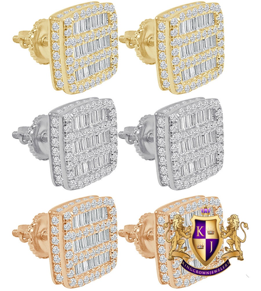 14K Gold Tone Baguette Icy Square Prong .925 Sterling Silver Screw Back Earrings Unisex 10mm