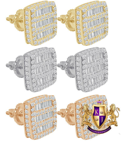 14K Gold Tone Baguette Icy Square Prong .925 Sterling Silver Screw Back Earrings Unisex 10mm