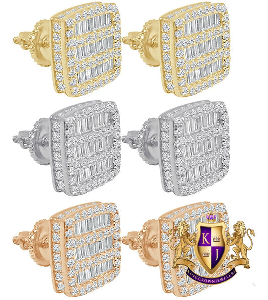 14K Gold Tone Baguette Icy Square Prong .925 Sterling Silver Screw Back Earrings Unisex 10mm