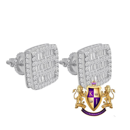 14K Gold Tone Baguette Icy Square Prong .925 Sterling Silver Screw Back Earrings Unisex 10mm