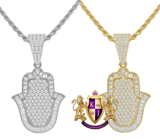 Unisex Baguette Real Sterling Silver Gold Finish Simulated Diamond Hamsa Hand Mini Pendent Charm Chain Set