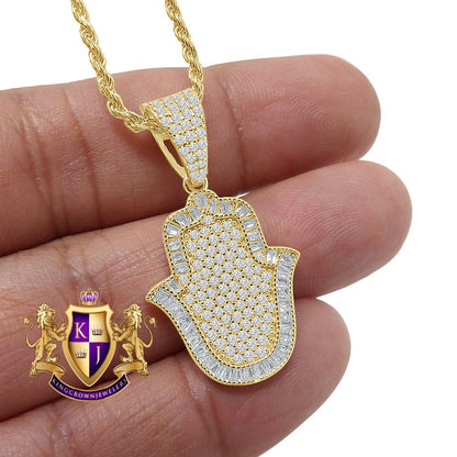 Unisex Baguette Real Sterling Silver Gold Finish Simulated Diamond Hamsa Hand Mini Pendent Charm Chain Set