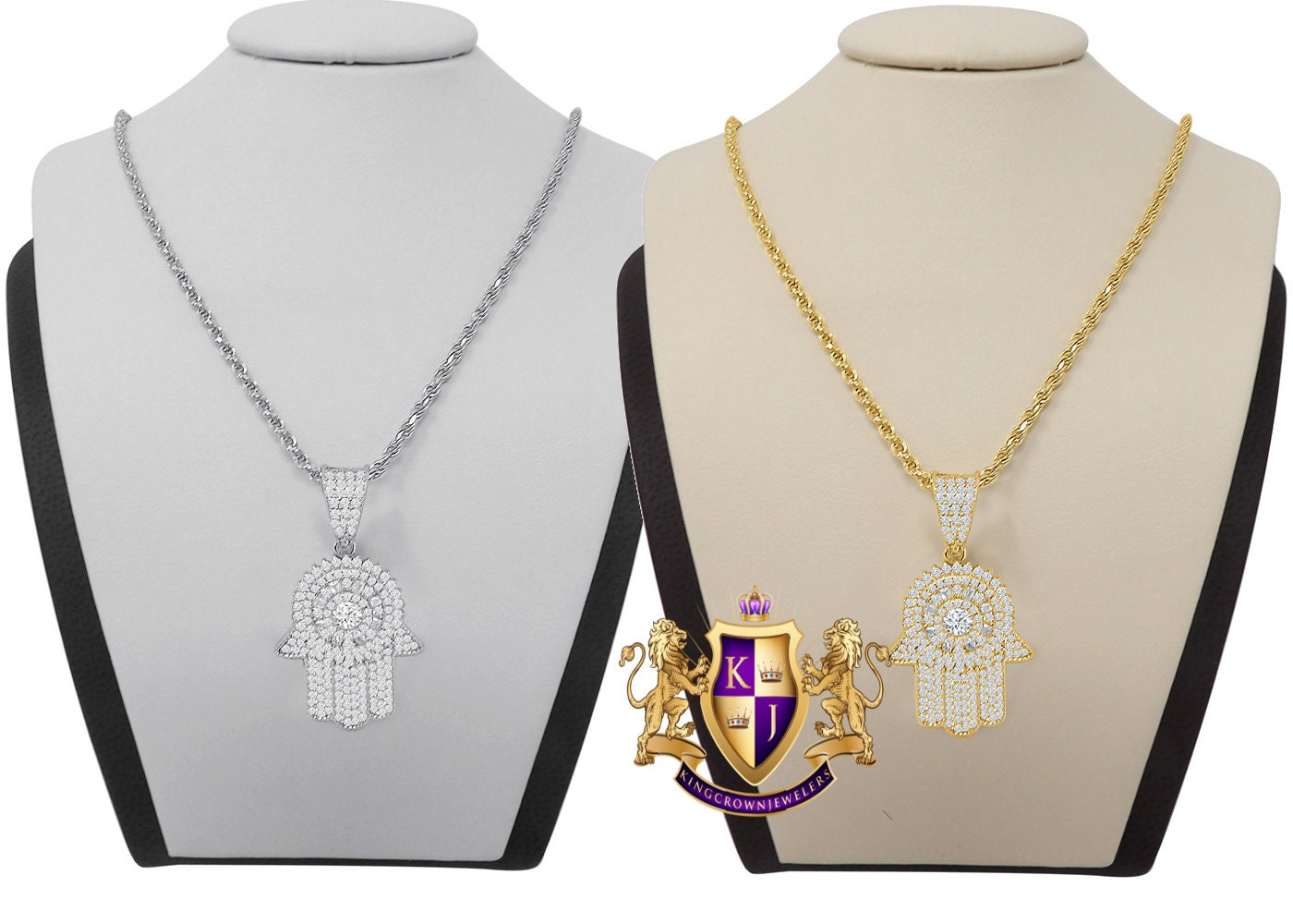 Real Genuine Sterling Silver Gold Finish Simulated Diamond Hamsa Hand Mini Pendent Charm Chain Set