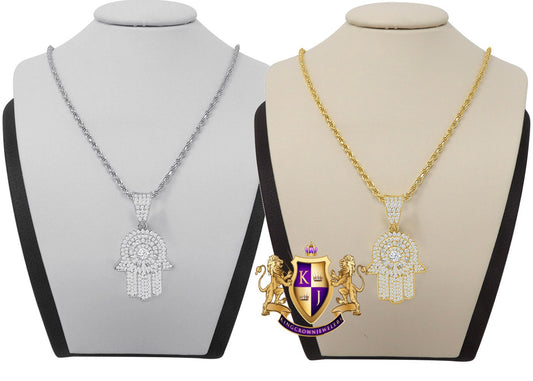 Real Genuine Sterling Silver Gold Finish Simulated Diamond Hamsa Hand Mini Pendent Charm Chain Set