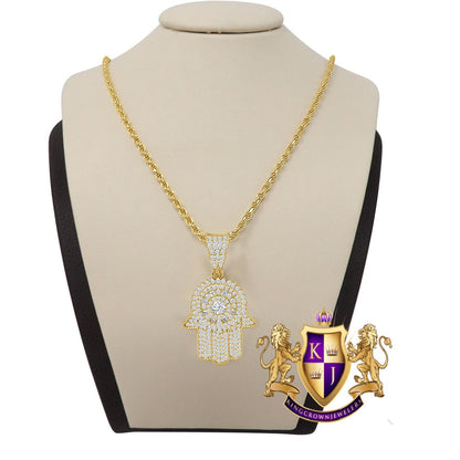 Real Genuine Sterling Silver Gold Finish Simulated Diamond Hamsa Hand Mini Pendent Charm Chain Set