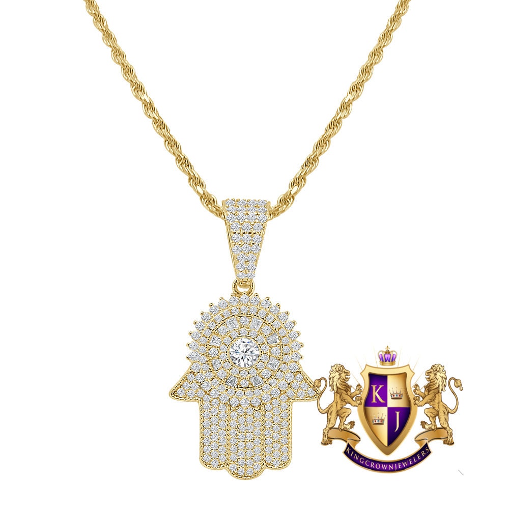 Real Genuine Sterling Silver Gold Finish Simulated Diamond Hamsa Hand Mini Pendent Charm Chain Set