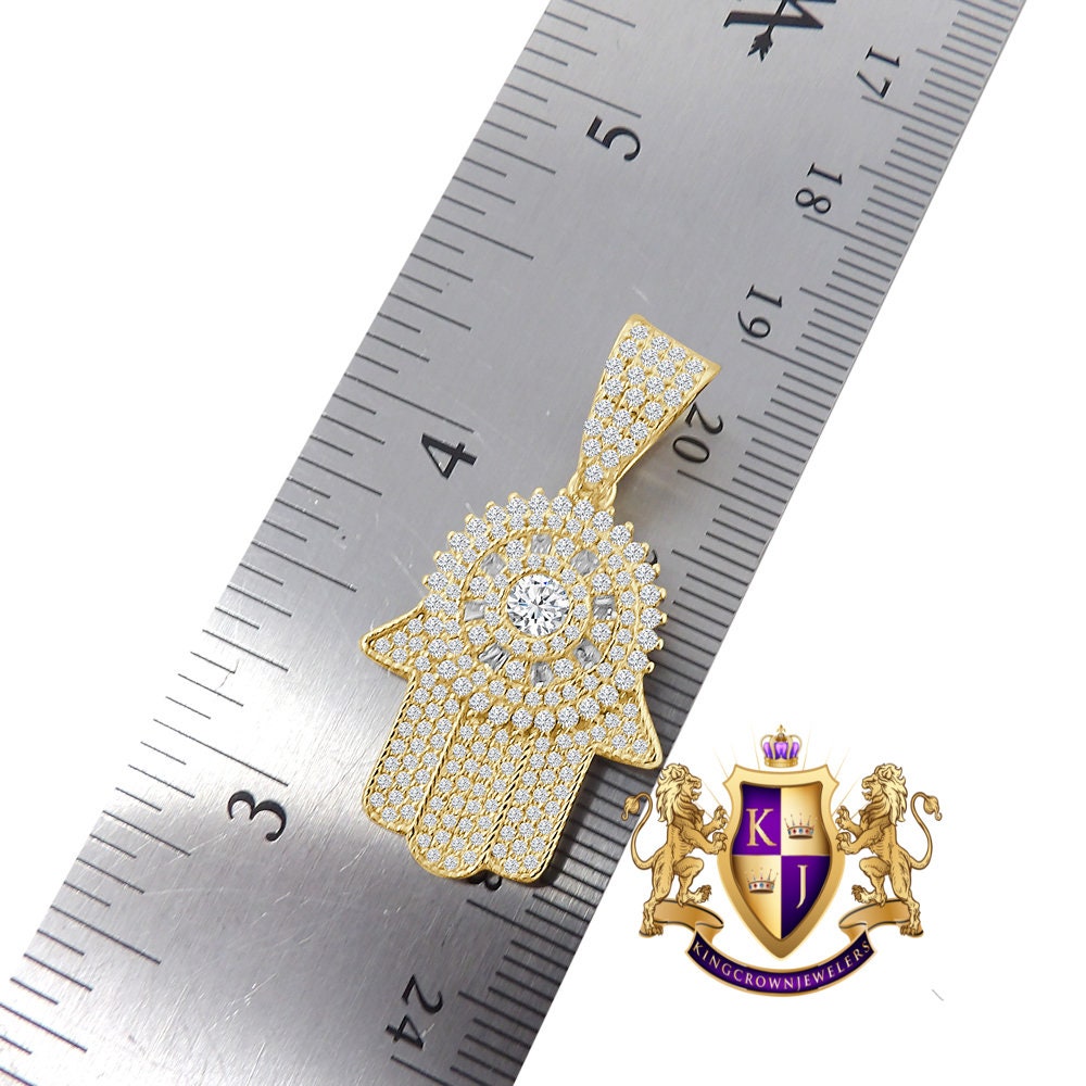 Real Genuine Sterling Silver Gold Finish Simulated Diamond Hamsa Hand Mini Pendent Charm Chain Set