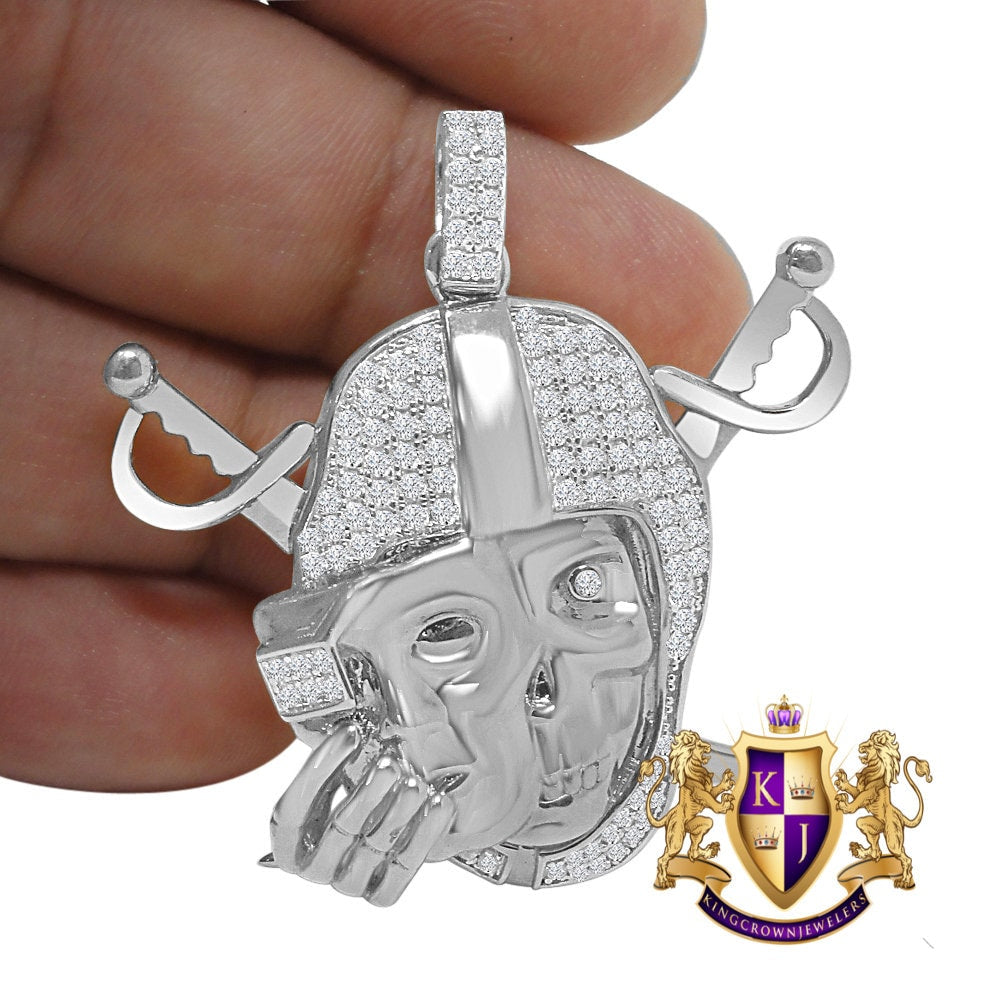Real Genuine Sterling Silver 25+ Grams Simulated Diamond 14K Gold Over Oakland Raiders Men's Custom Collectable Charm Sports Pendant 1.80"
