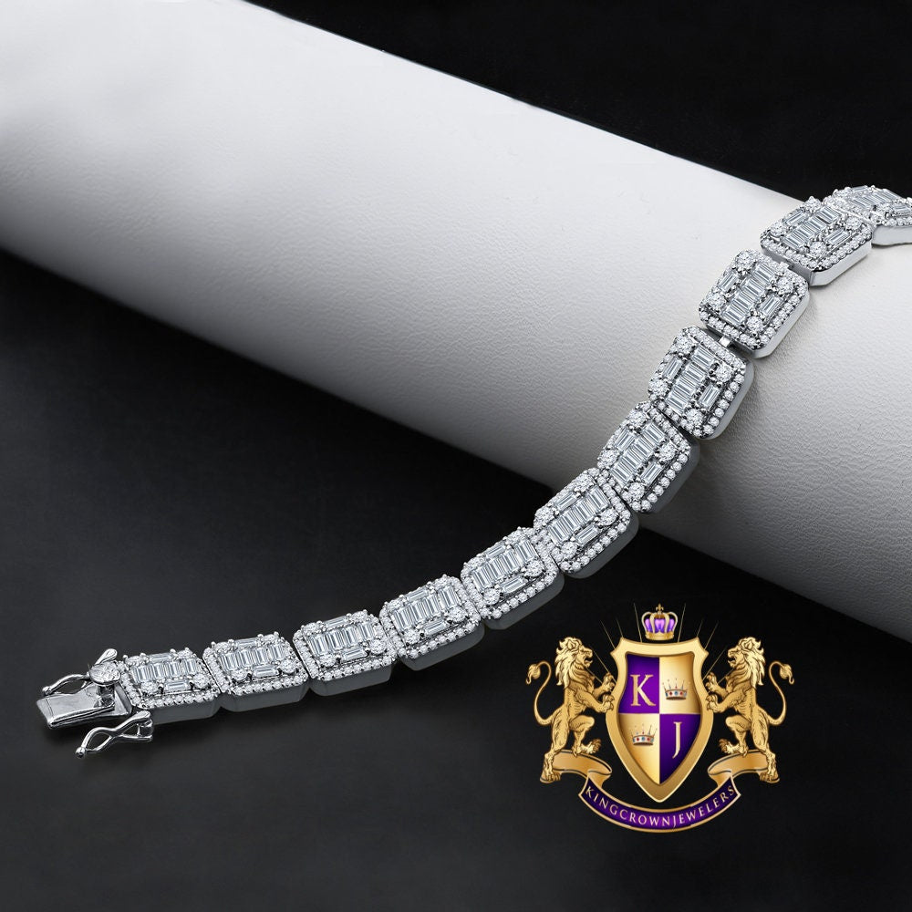 Baguette 14K White Gold Over Round Cut Simulated Diamond Tennis Link Bracelet 8.5'' Unisex 31+ Grams