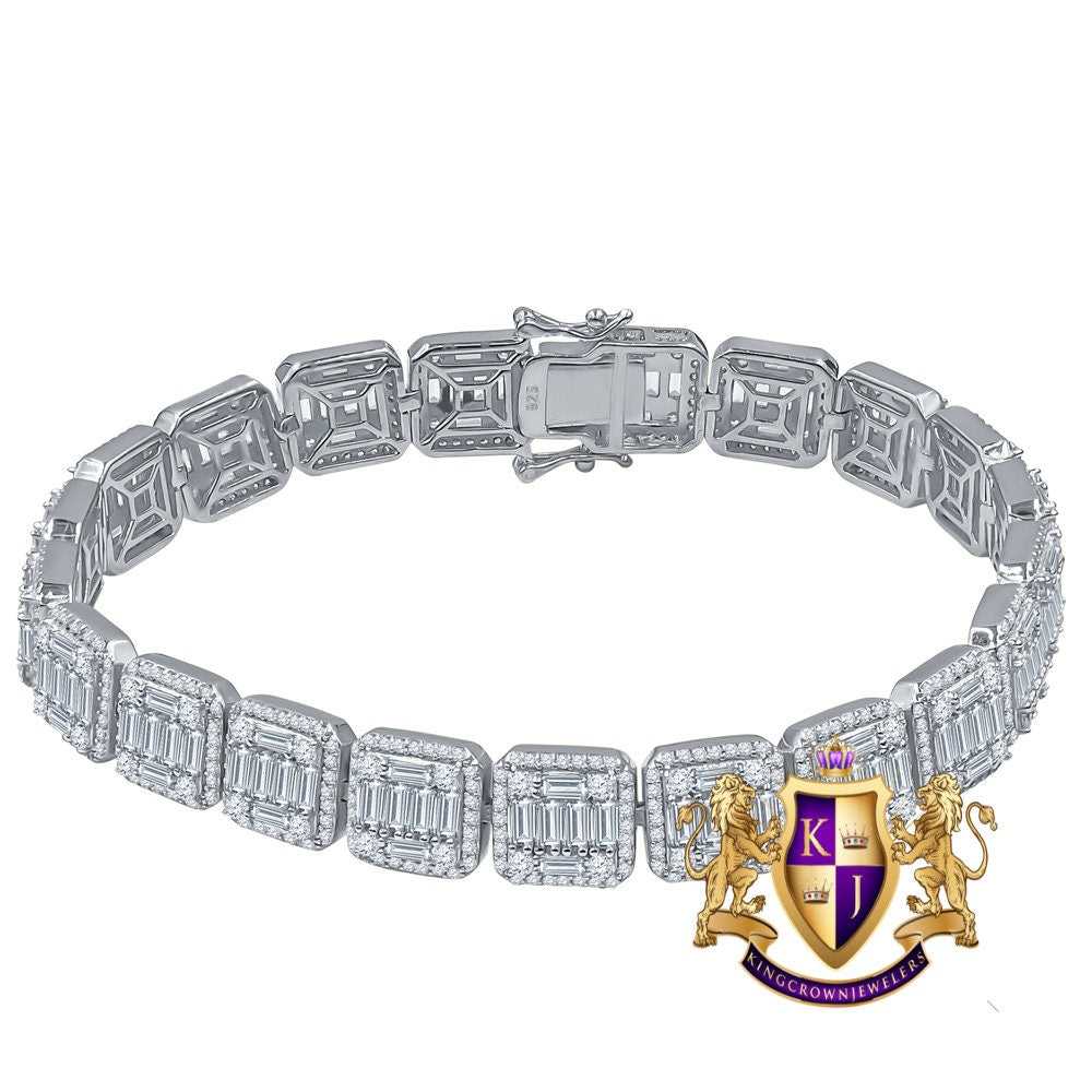 Baguette 14K White Gold Over Round Cut Simulated Diamond Tennis Link Bracelet 8.5'' Unisex 31+ Grams
