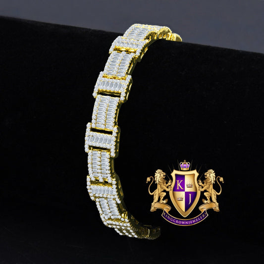 24 + Grams Unisex Baguette 14K Yellow Gold Over Genuine Simulated Diamond Tennis Link Bracelet 8.75''