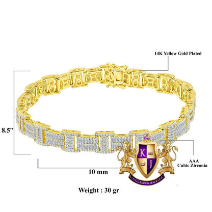 Unisex Baguette Real Genuine Yellow Gold Sterling Silver Simulated Diamond Tennis Link Bracelet 8.75'' 30 + Grams