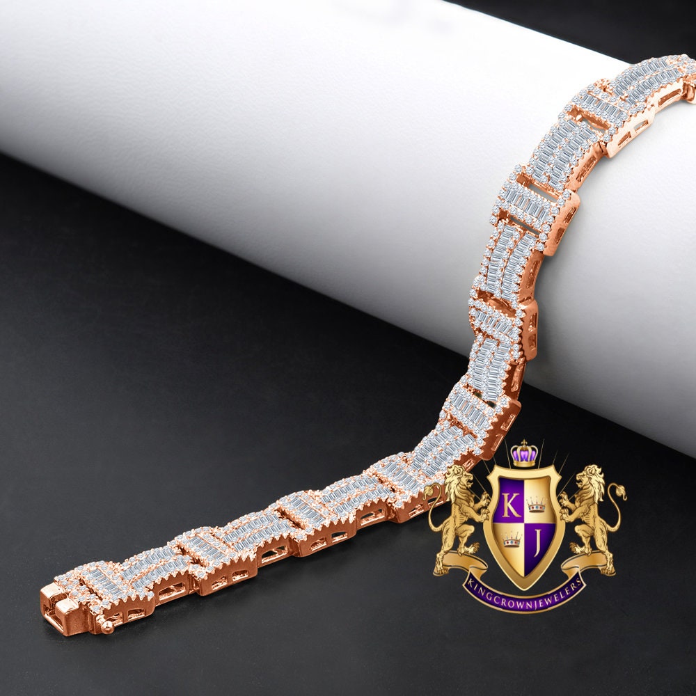 Unisex Baguette Real Genuine Rose Gold Sterling Silver Simulated Diamond Tennis Link Bracelet 8.75'' 30 + Grams