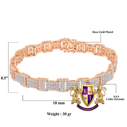 Unisex Baguette Real Genuine Rose Gold Sterling Silver Simulated Diamond Tennis Link Bracelet 8.75'' 30 + Grams
