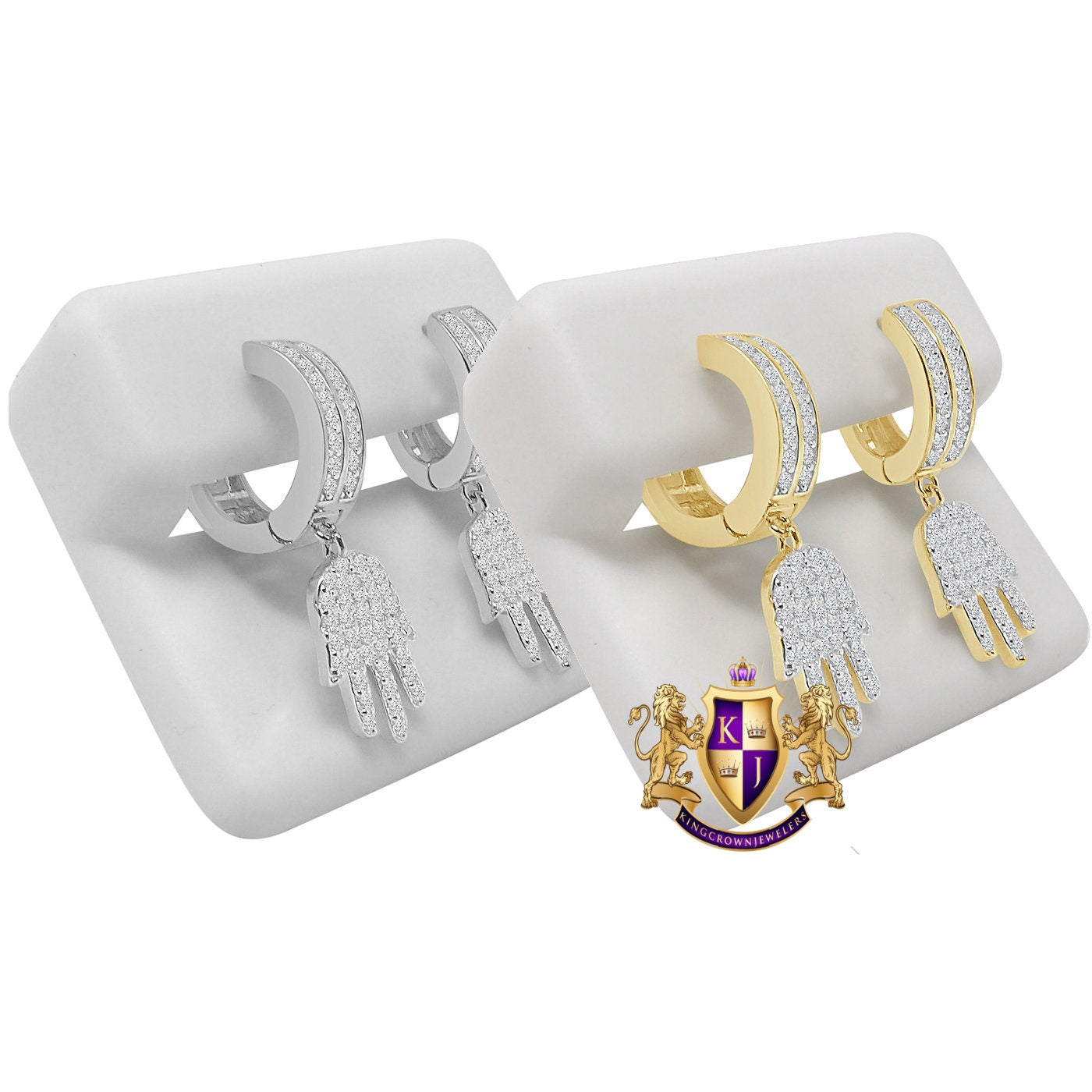 Baguette Pure Italian Sterling Silver 14K Gold Over Simulated Diamond Hamsa Hand Hoop Stud Earrings Unisex