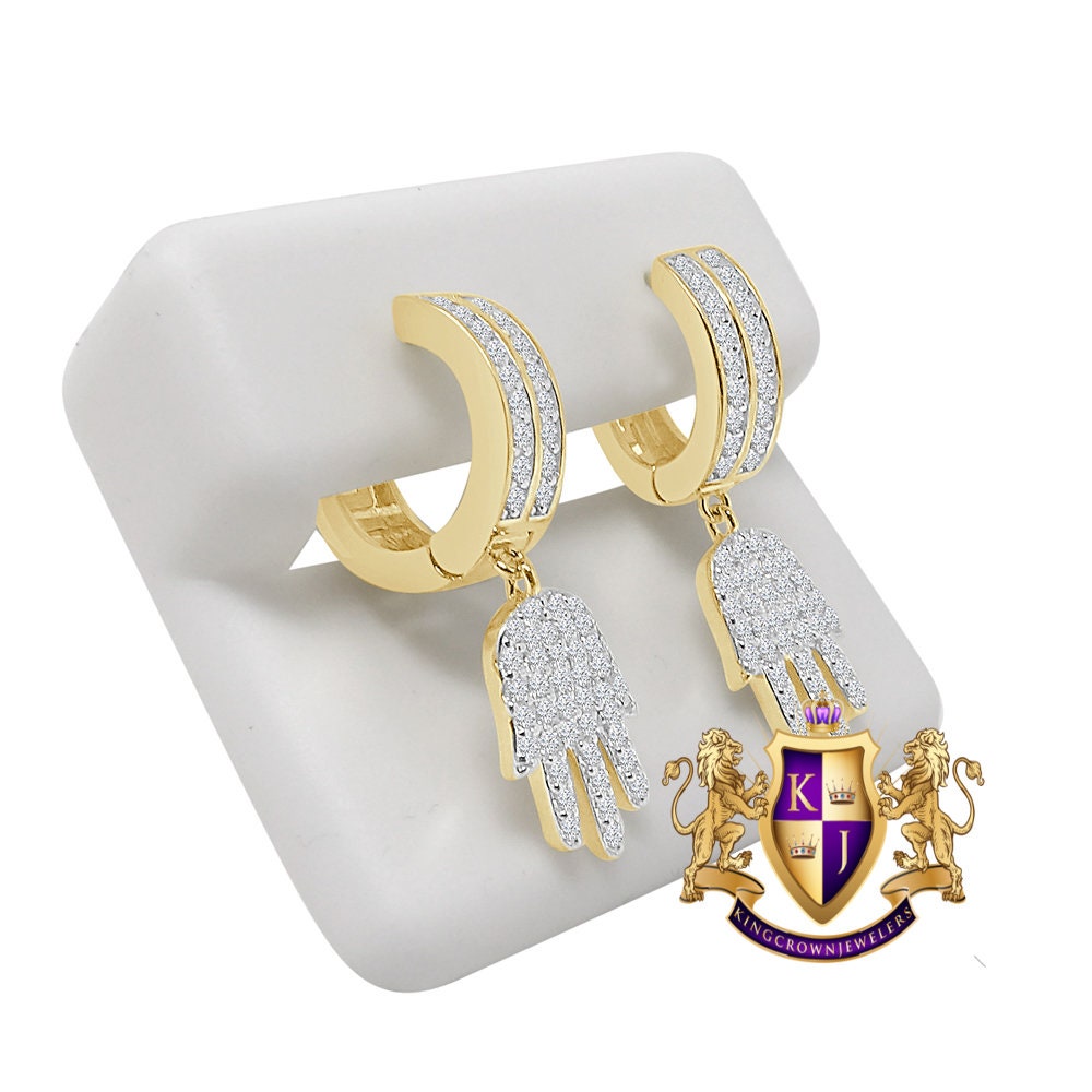 Baguette Pure Italian Sterling Silver 14K Gold Over Simulated Diamond Hamsa Hand Hoop Stud Earrings Unisex