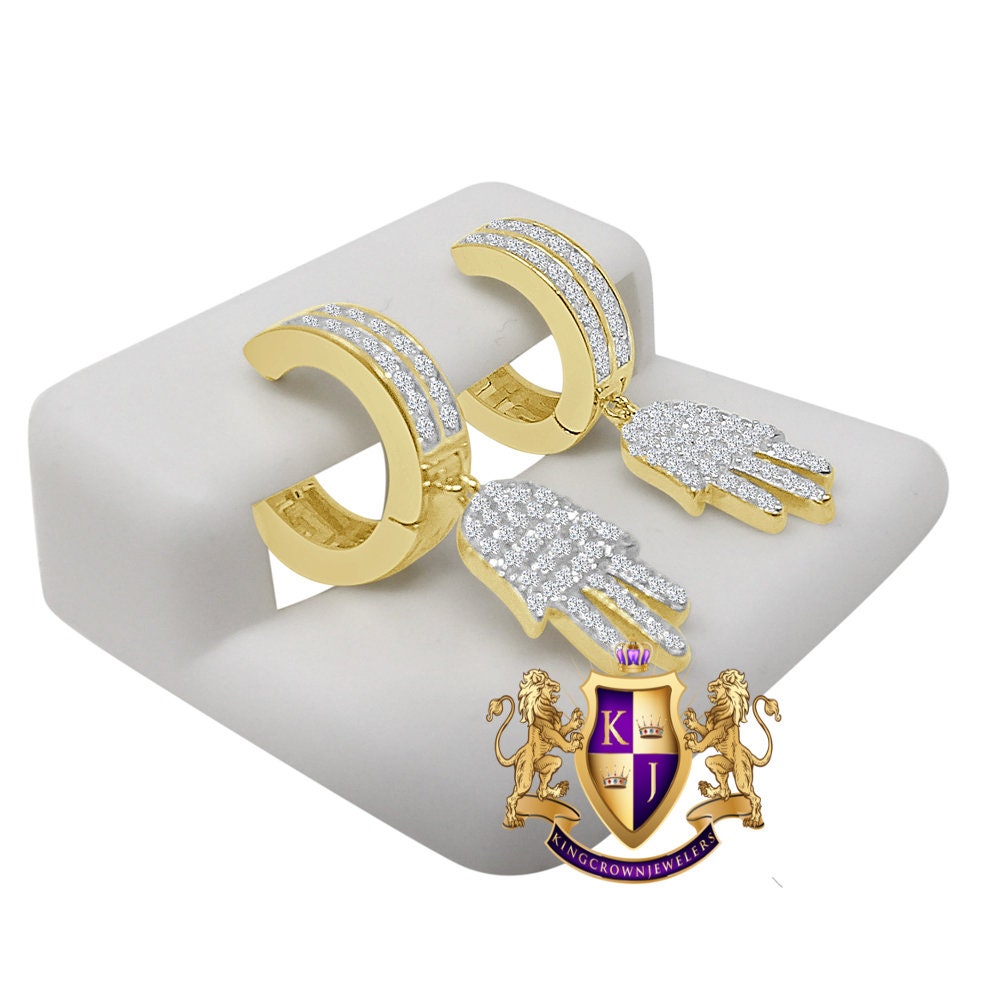 Baguette Pure Italian Sterling Silver 14K Gold Over Simulated Diamond Hamsa Hand Hoop Stud Earrings Unisex