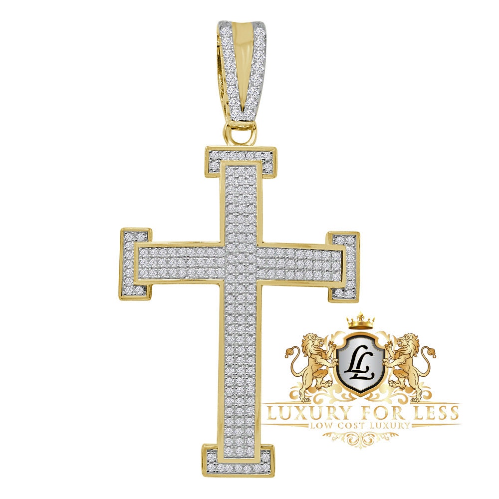 High Quality Real Genuine Sterling Silver Simulated Diamond 14K Gold Over 3D Holy Jesus Cross Custom Pendent Charm