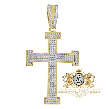 High Quality Real Genuine Sterling Silver Simulated Diamond 14K Gold Over 3D Holy Jesus Cross Custom Pendent Charm