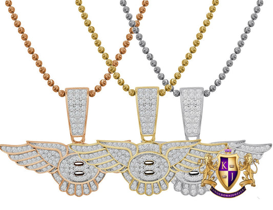 Real Sterling Silver 14K Gold Over Simulated Diamond Flying B Luxury Car Pendent Charm Chain Set