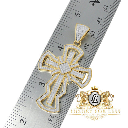 Real Genuine Sterling Silver 14K Gold Finish Simulated Diamond Jesus Cross Pendent Charm Chain Set