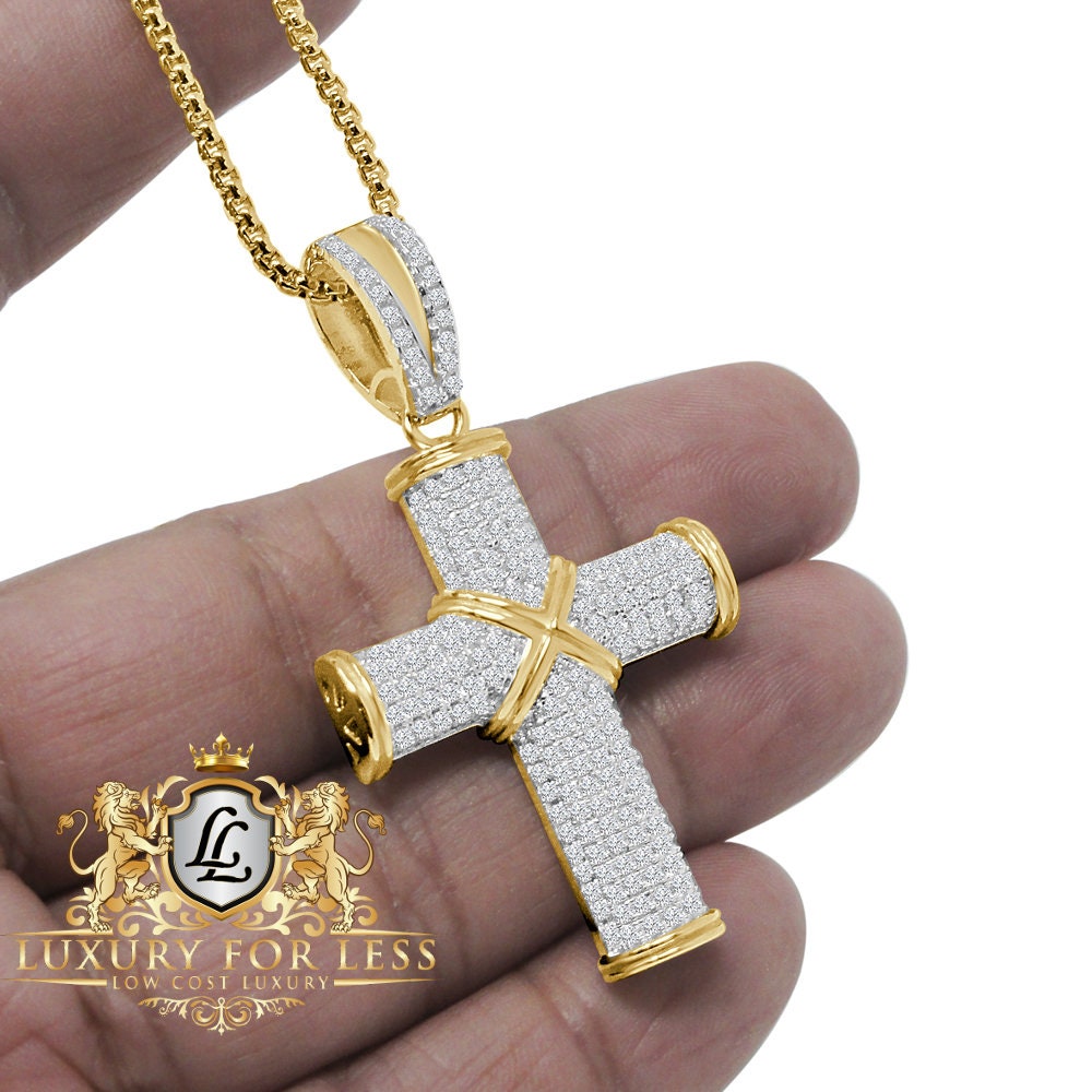 Pure Italian Sterling Silver 14K Gold Over Simulated Diamond Jesus Cross Custom Pendent Charm + Free Chain