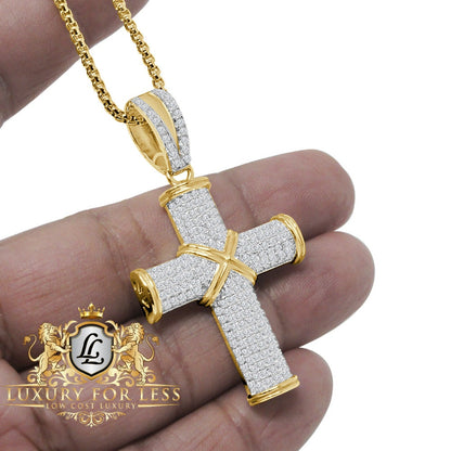 Pure Italian Sterling Silver 14K Gold Over Simulated Diamond Jesus Cross Custom Pendent Charm + Free Chain