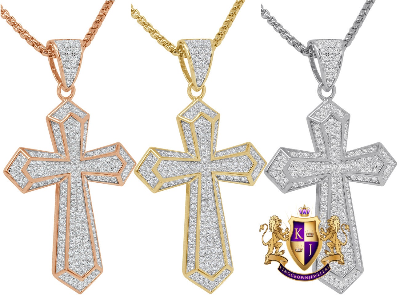 Genuine Authentic Pure Sterling Silver 14K Gold Over Simulated Diamond Jesus Cross Custom Pendent Charm + Free Chain