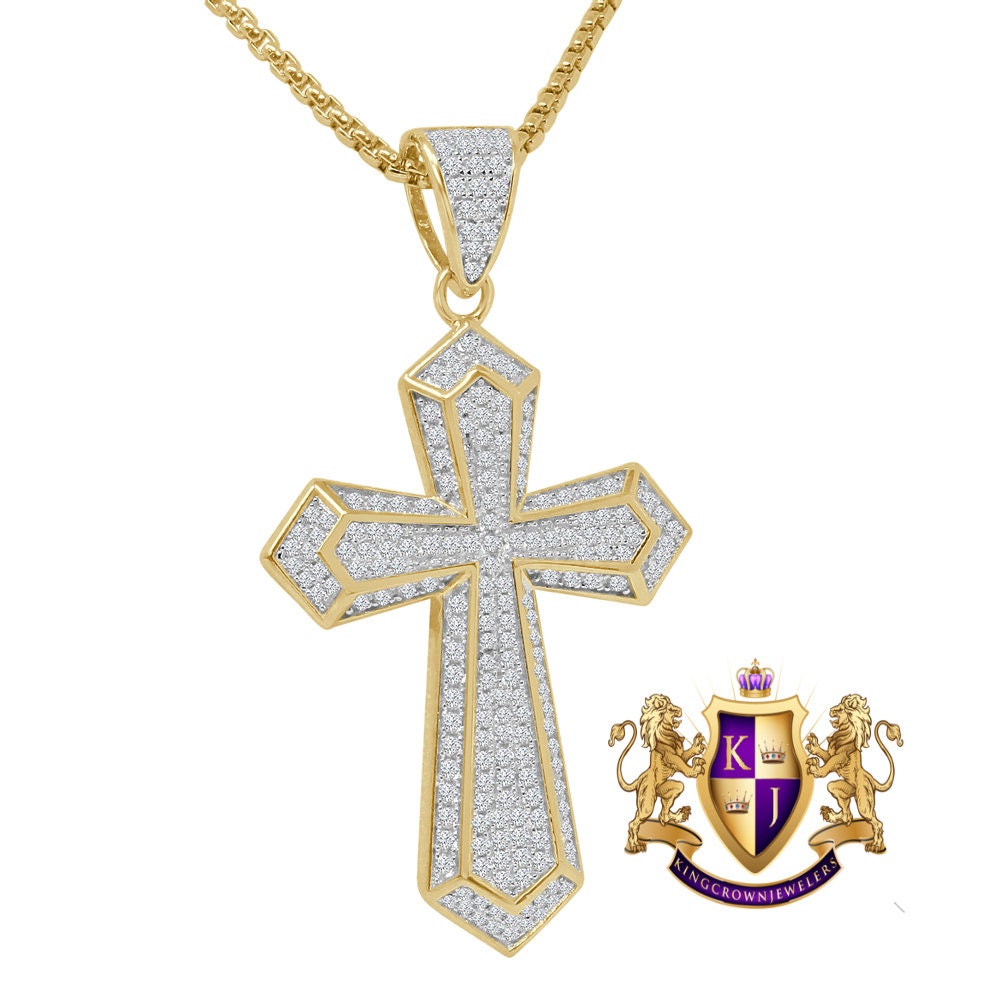 Genuine Authentic Pure Sterling Silver 14K Gold Over Simulated Diamond Jesus Cross Custom Pendent Charm + Free Chain