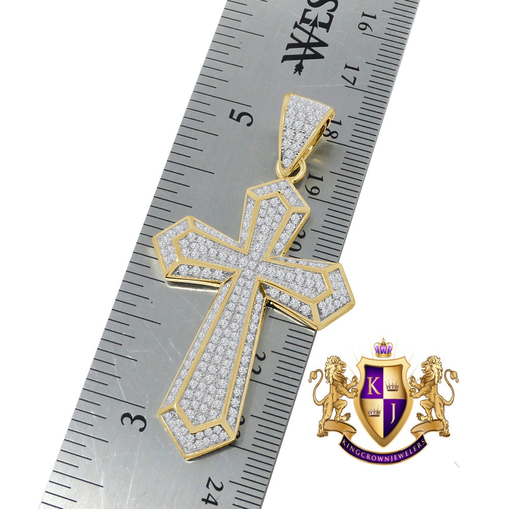 Genuine Authentic Pure Sterling Silver 14K Gold Over Simulated Diamond Jesus Cross Custom Pendent Charm + Free Chain