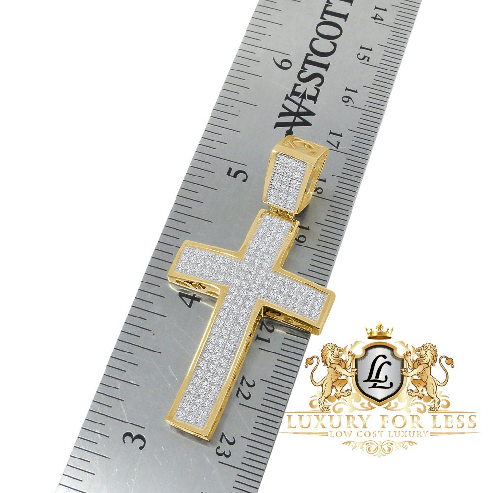 Authentic Iralian Sterling Silver 14K Gold Over Simulated Diamond Jesus Cross Custom Pendent Charm + Free Chain