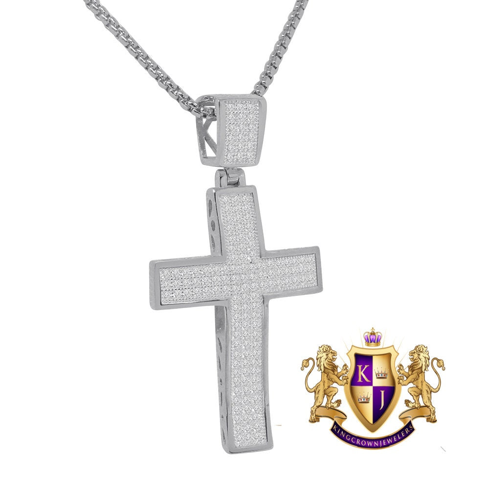 Authentic Iralian Sterling Silver 14K Gold Over Simulated Diamond Jesus Cross Custom Pendent Charm + Free Chain